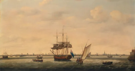 De Fregat Surprise voor anker bij Great Yarmouth, Norfolk